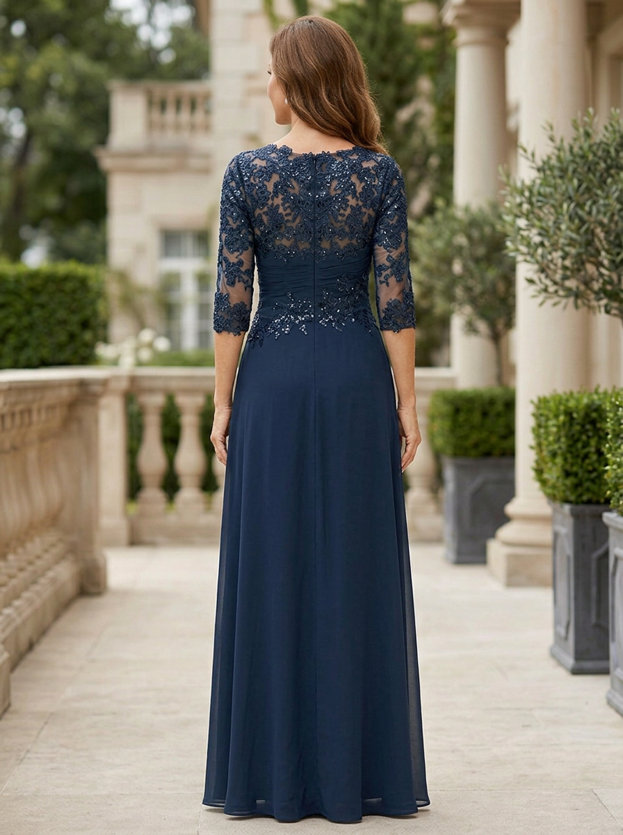 Dark Blue Round Neck Chiffon Lace Maxi Dress