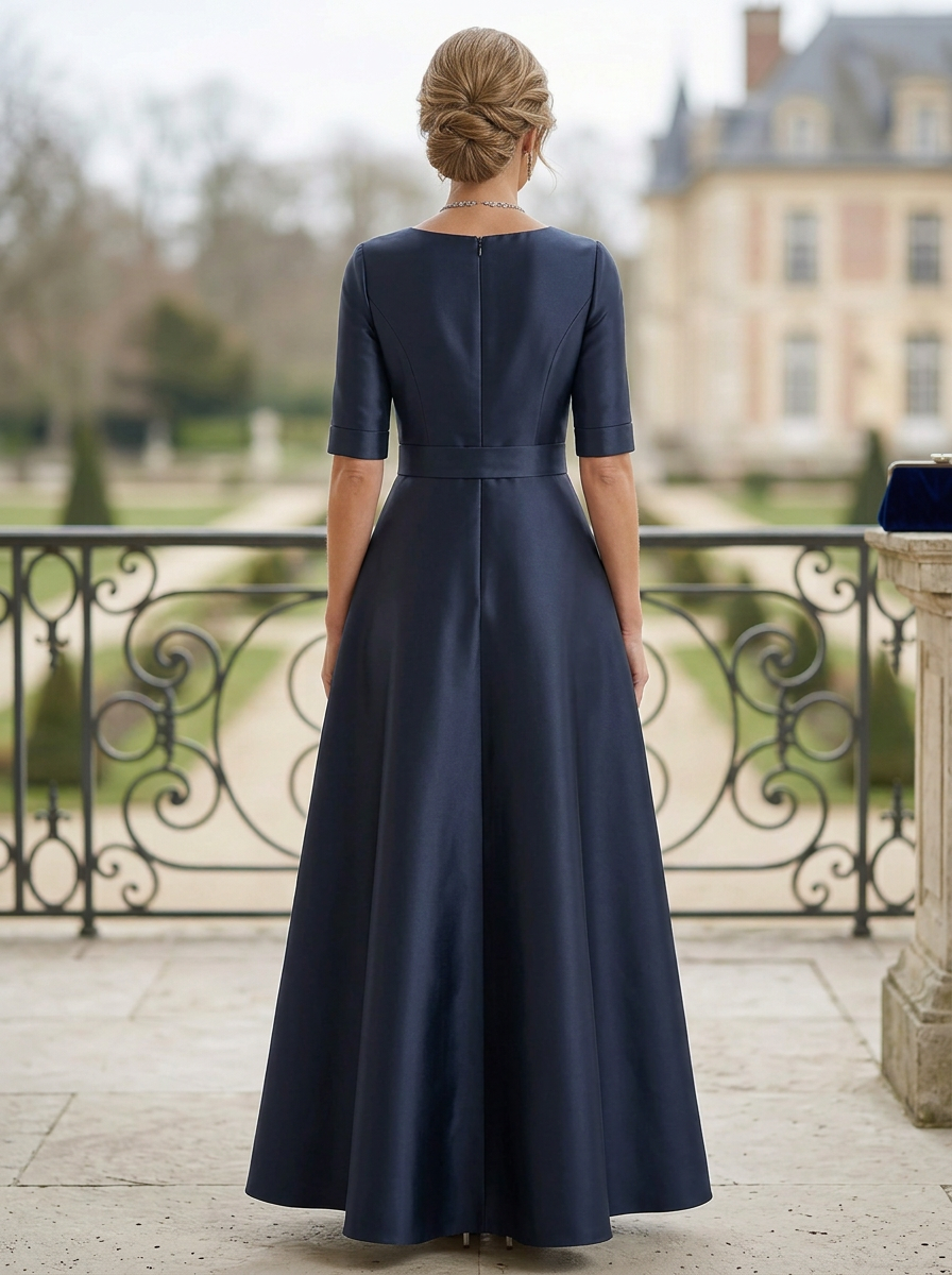 Navy Blue Satin 3/4 Sleeve A-Line Maxi Dress