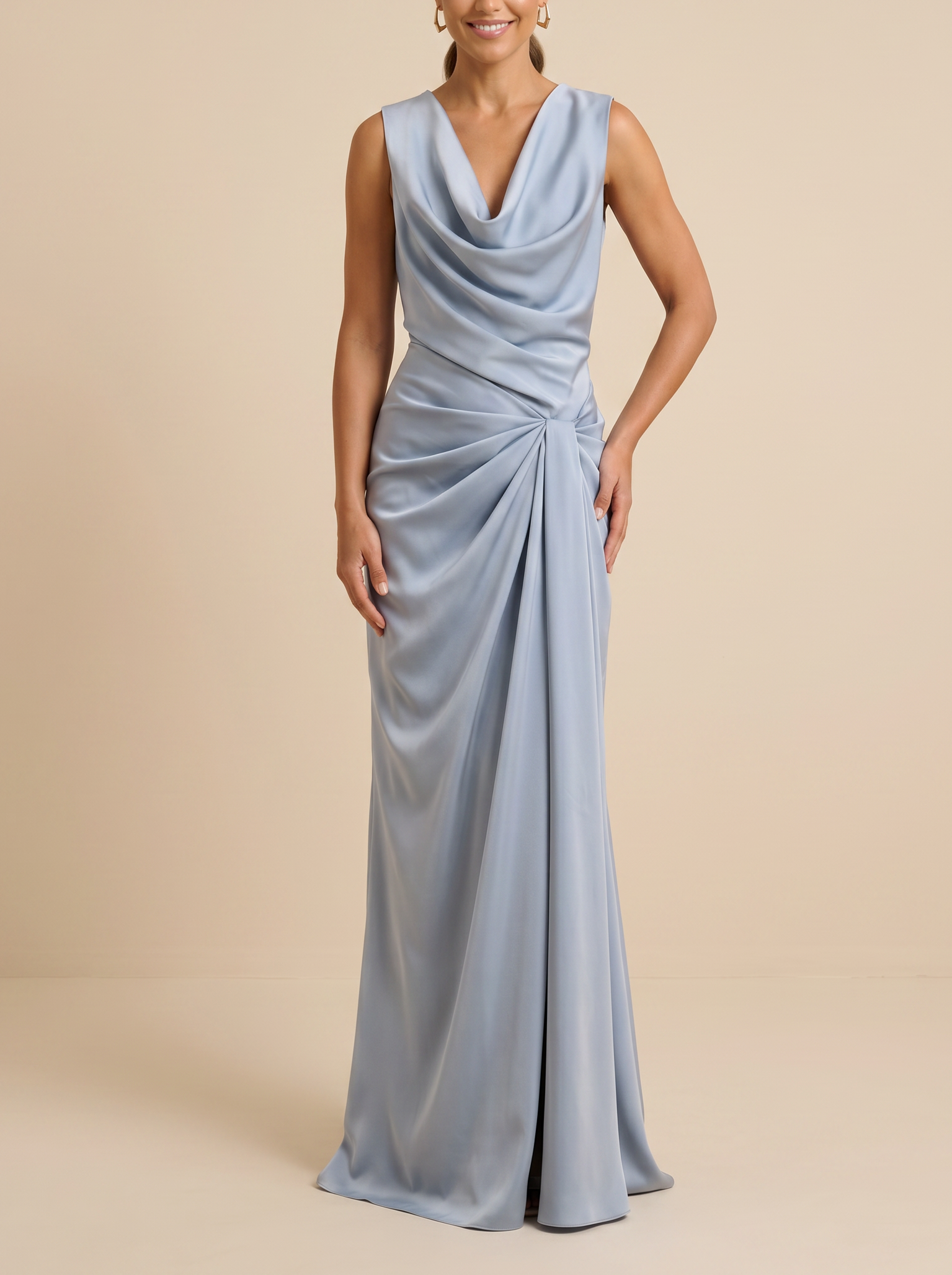 Blue Satin Long Cowl Neck and Slit Evening Gown