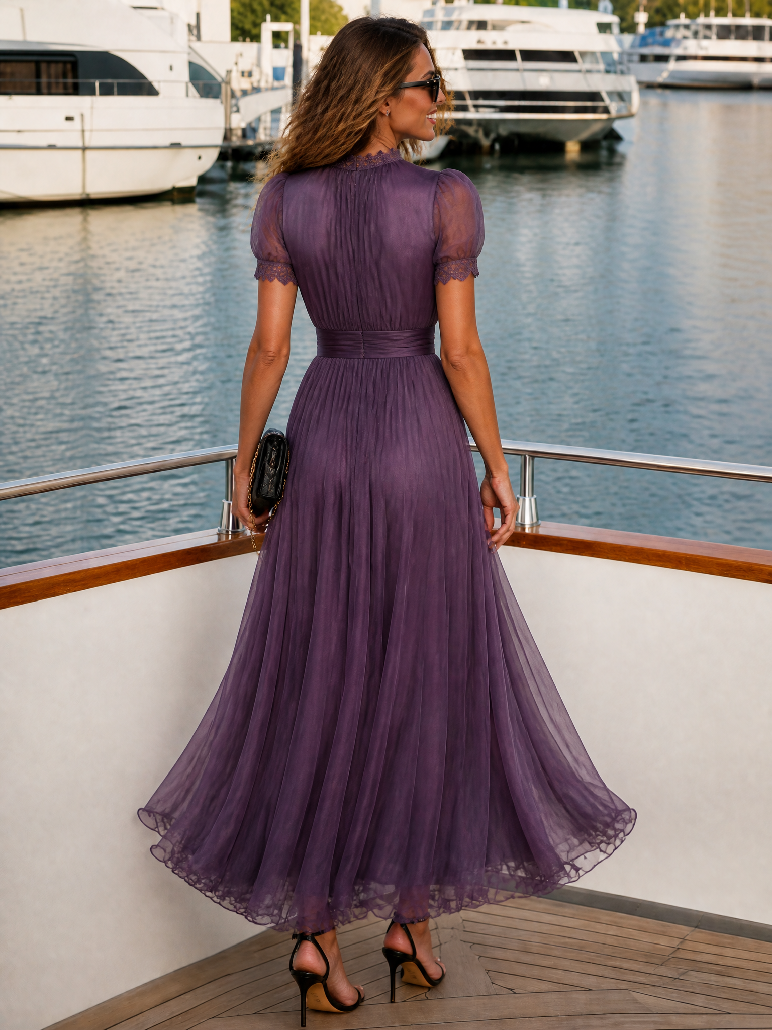 Plum Sheer Pleated Short Sleeve A-Line Maxi Evening Gown Dress