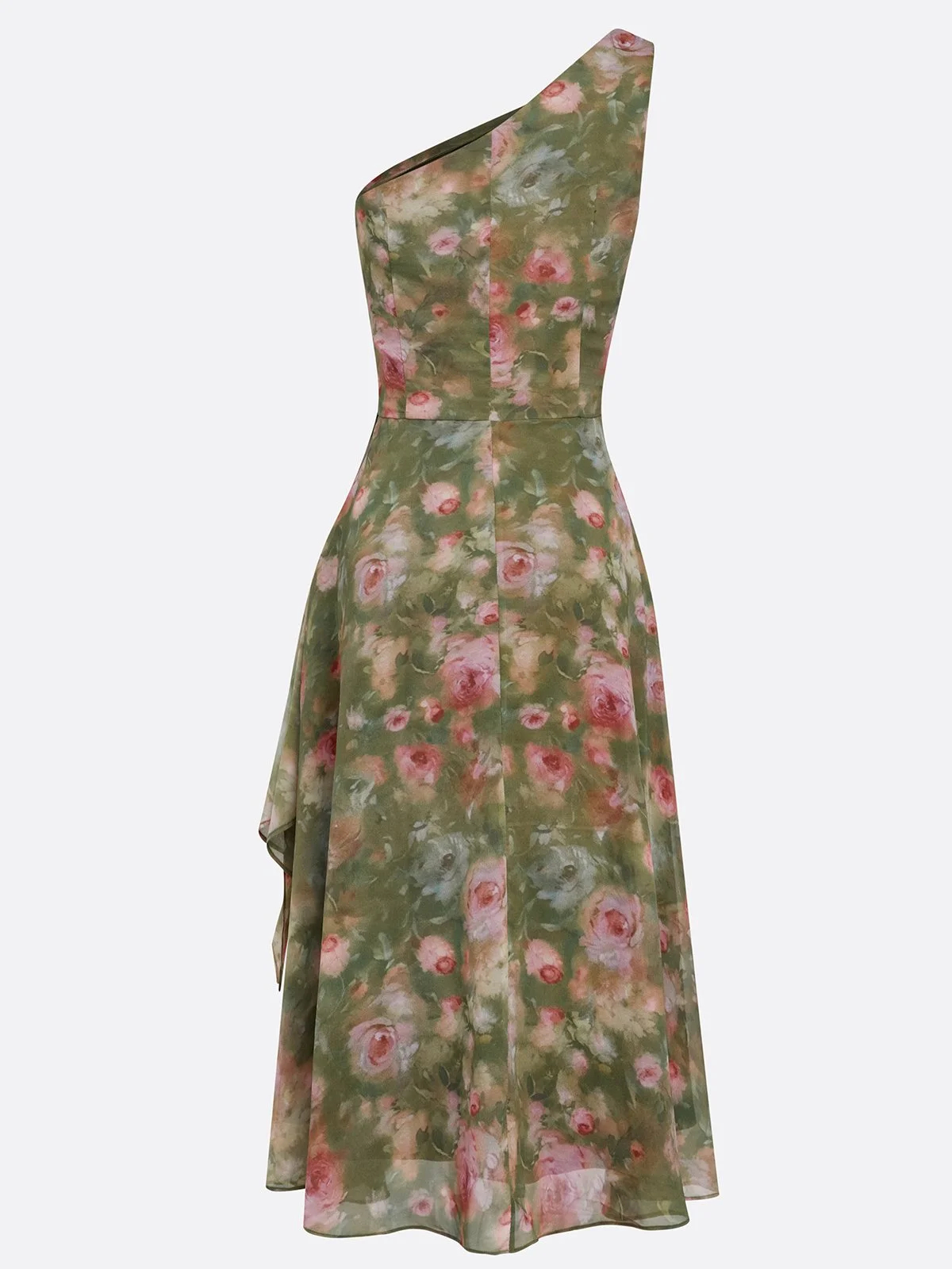 Green Floral One Shoulder Tie Waist Flared Midi Dress