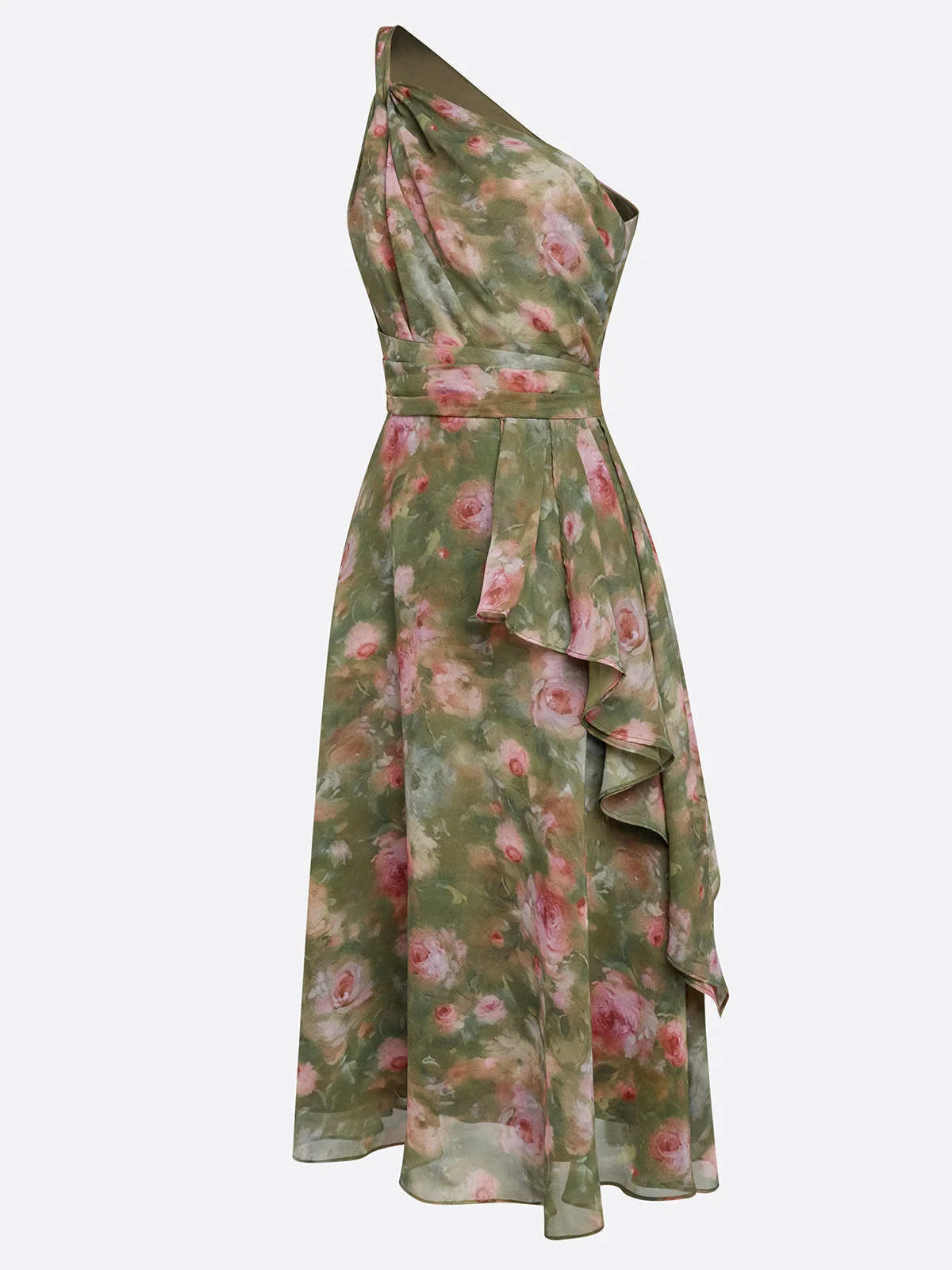 Green Floral One Shoulder Tie Waist Flared Midi Dress