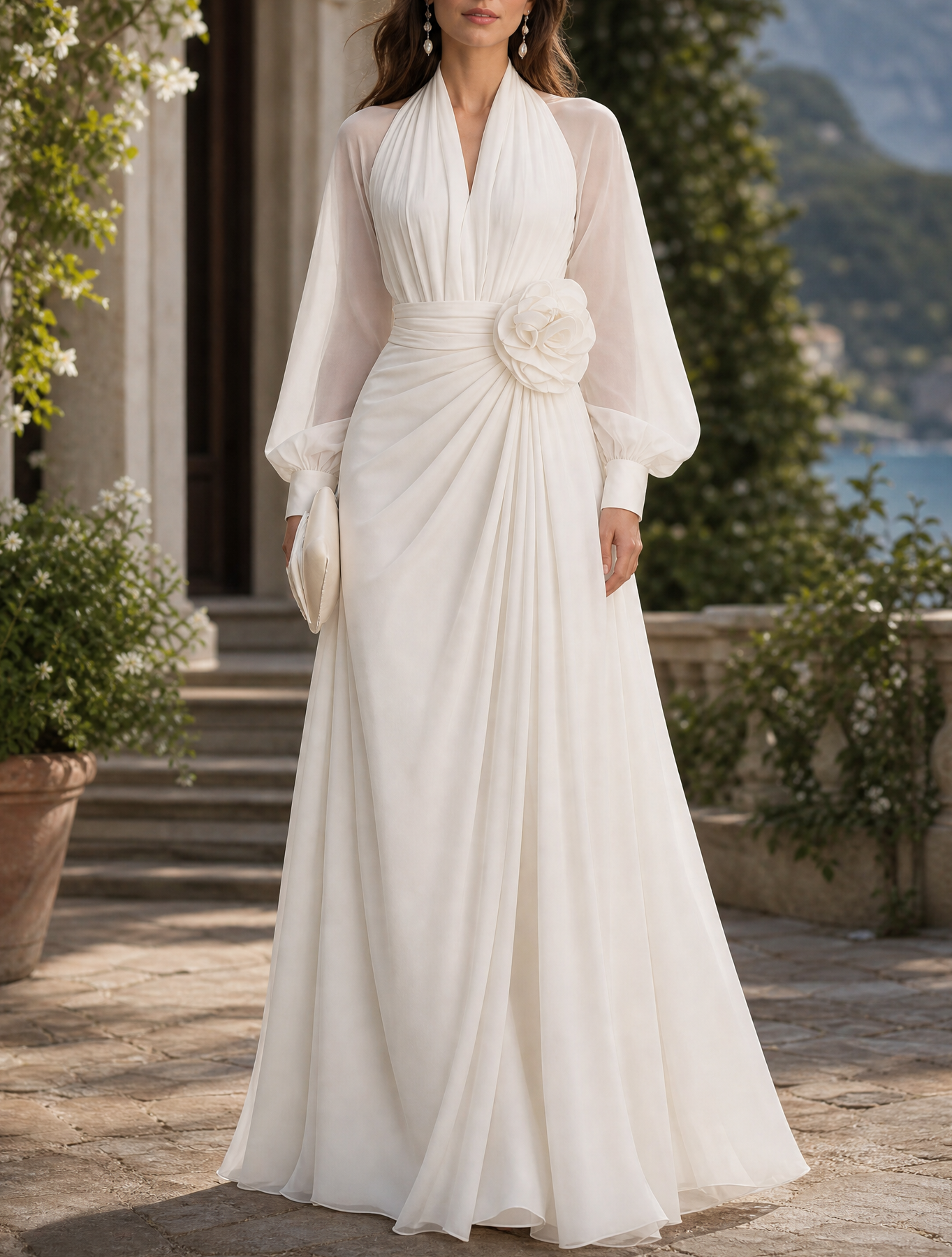 White Pleated Halter Long Sleeve Draped A-Line Floor-Length Gown Dress