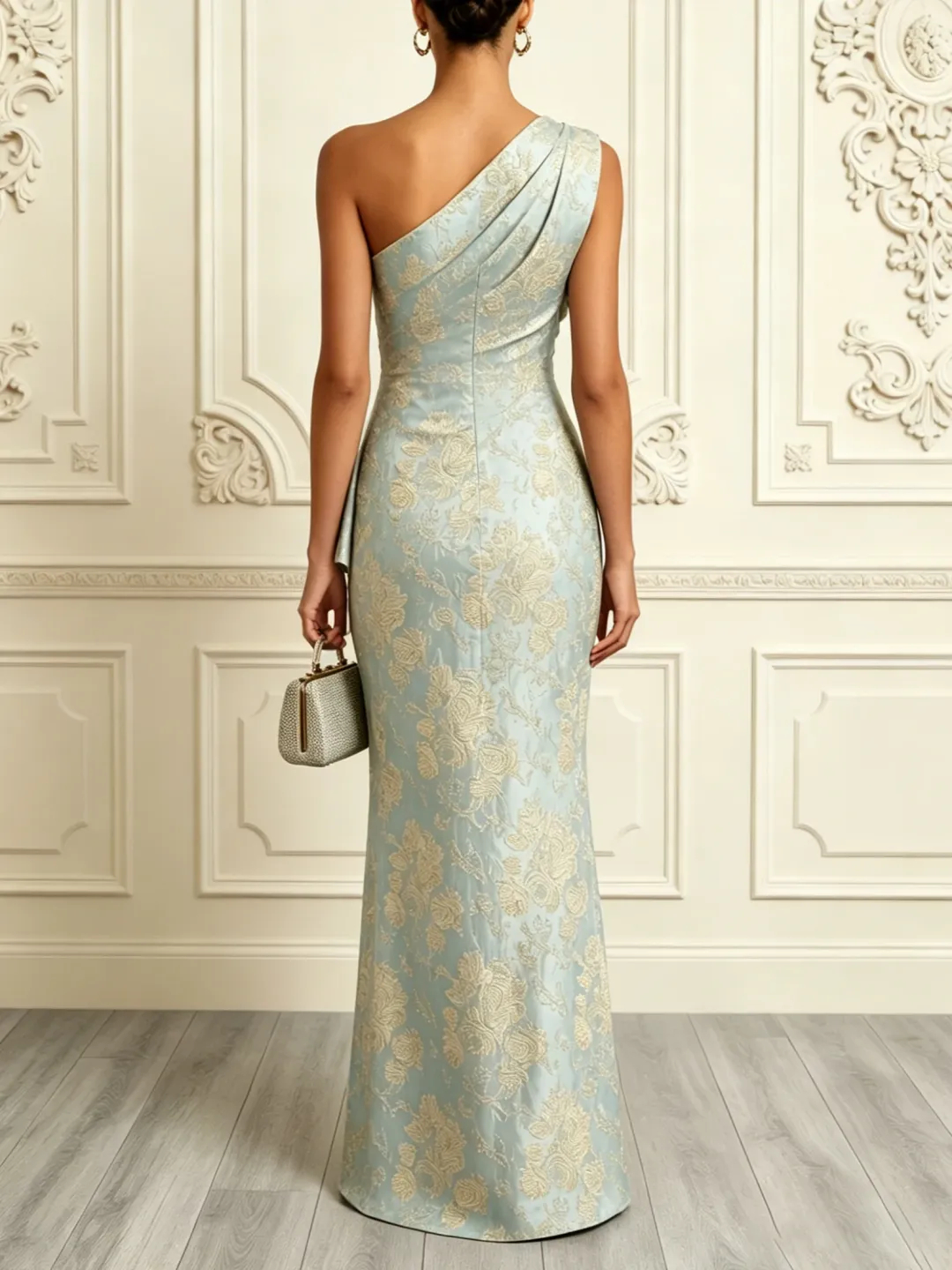 Lightgreen Jacquard 3D Floral Classic One Shoulder Sleeveless Mermaid Floor Length Dress