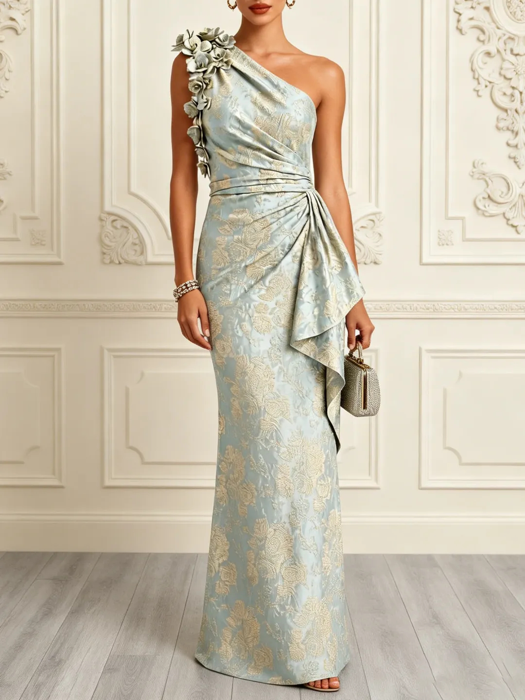 Lightgreen Jacquard 3D Floral Classic One Shoulder Sleeveless Mermaid Floor Length Dress