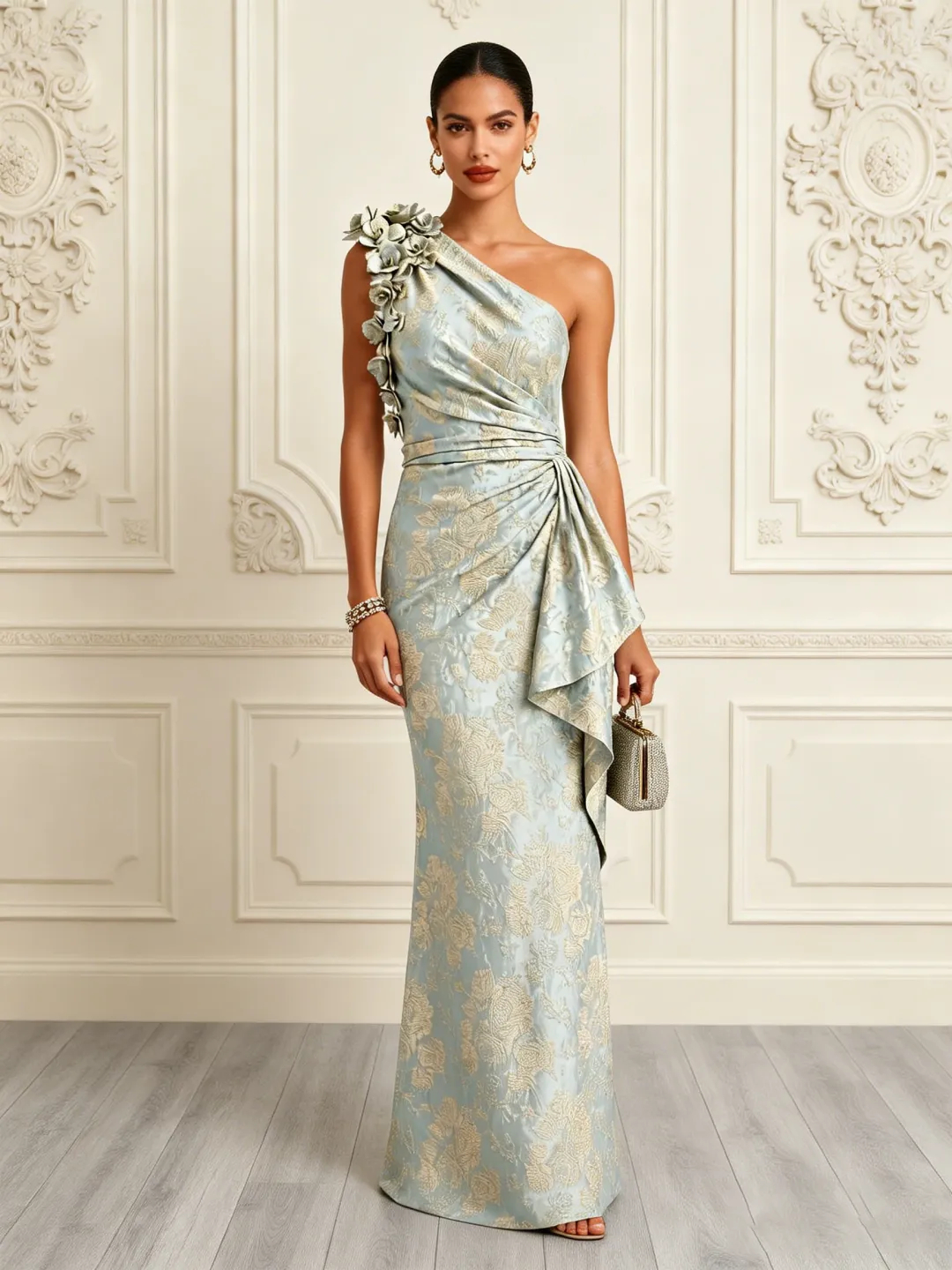 Lightgreen Jacquard 3D Floral Classic One Shoulder Sleeveless Mermaid Floor Length Dress