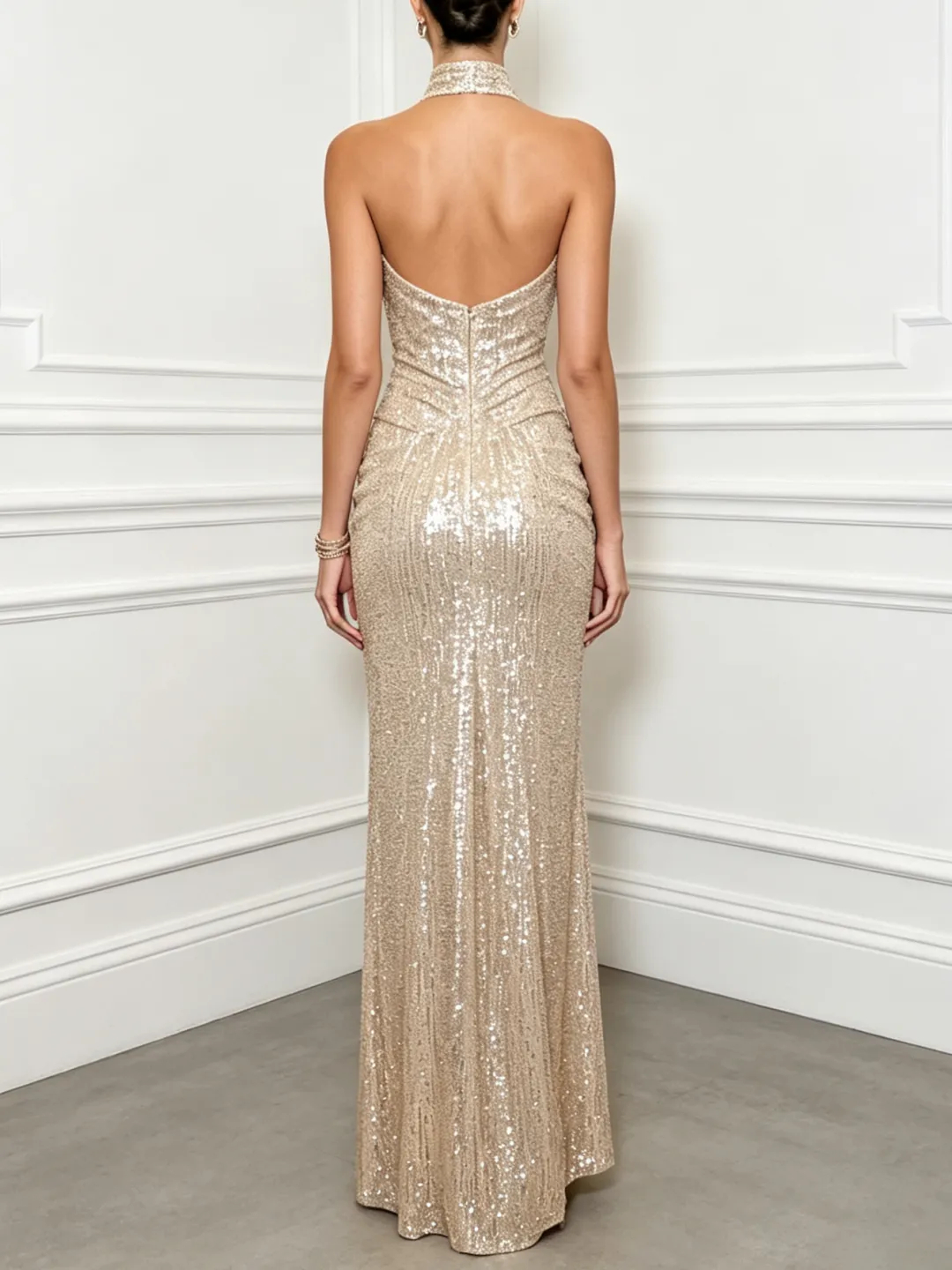 Champagne Ruched Sequin Halter Neck Sleeveless A-Line Floor Length Dress