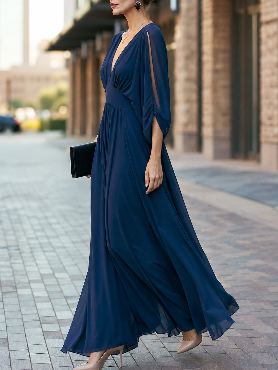 Navy Blue V-neck Split Sleeves Flowy Silhouette Maxi Dress 