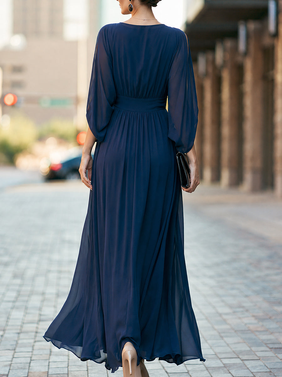 Navy Blue V-neck Split Sleeves Flowy Silhouette Maxi Dress 