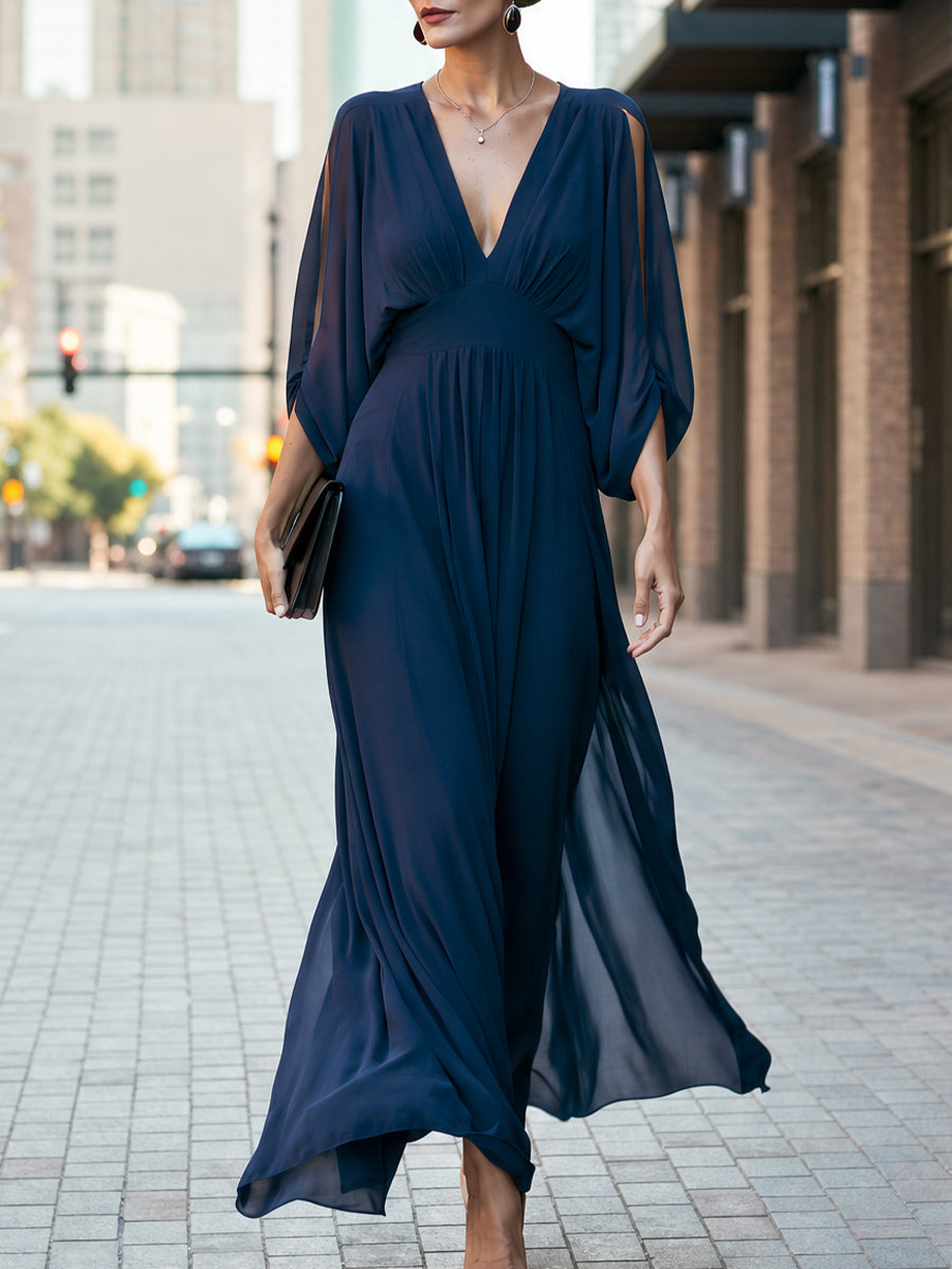 Navy Blue V-neck Split Sleeves Flowy Silhouette Maxi Dress 