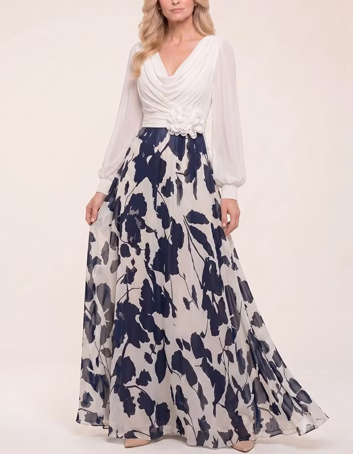 Cowl Neck Puff Sleeve 3D Flower Print Chiffon Maxi Dress