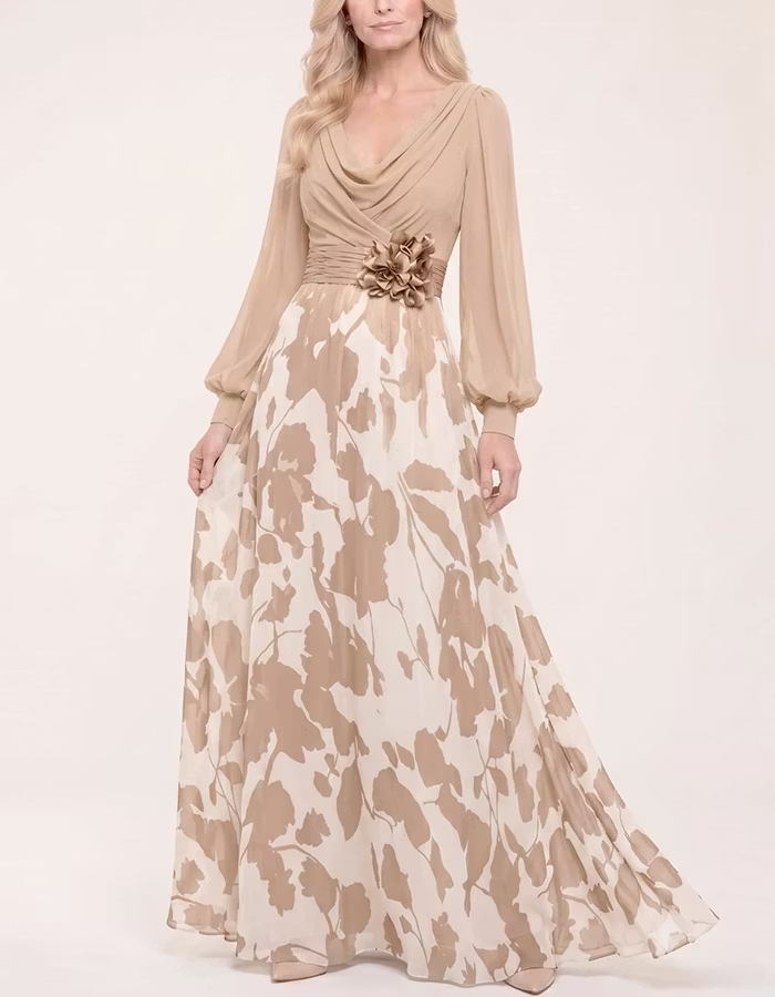 Cowl Neck Puff Sleeve 3D Flower Print Chiffon Maxi Dress