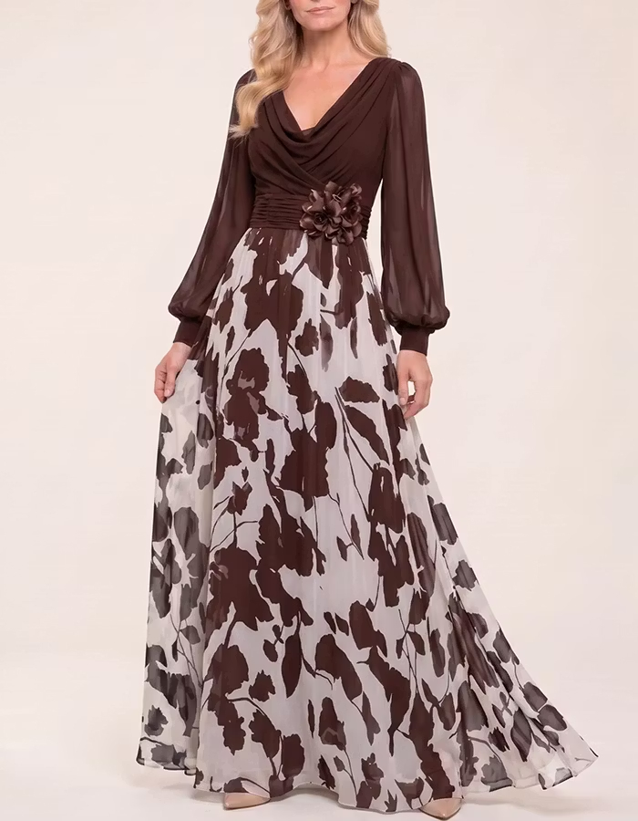 Cowl Neck Puff Sleeve 3D Flower Print Chiffon Maxi Dress