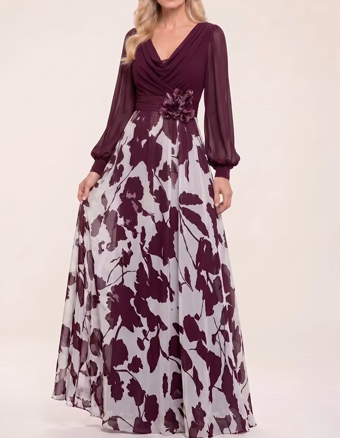 Cowl Neck Puff Sleeve 3D Flower Print Chiffon Maxi Dress