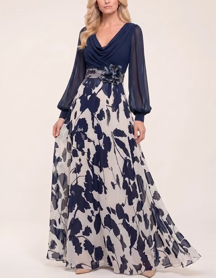 Cowl Neck Puff Sleeve 3D Flower Print Chiffon Maxi Dress