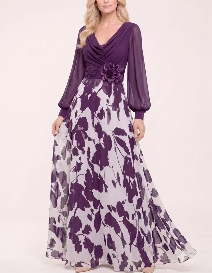 Cowl Neck Puff Sleeve 3D Flower Print Chiffon Maxi Dress