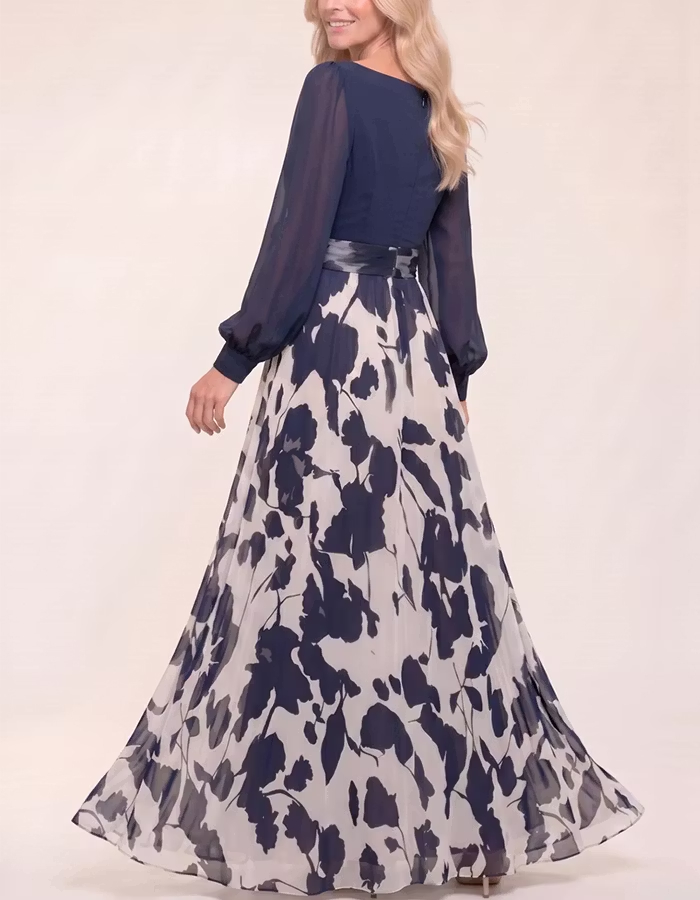 Cowl Neck Puff Sleeve 3D Flower Print Chiffon Maxi Dress