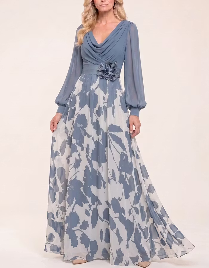 Cowl Neck Puff Sleeve 3D Flower Print Chiffon Maxi Dress