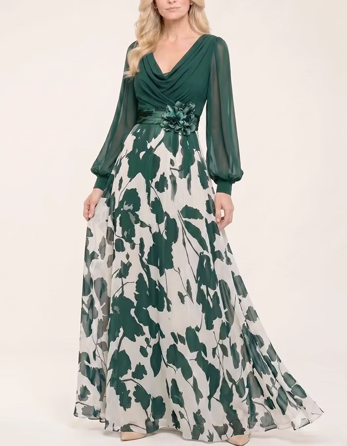 Cowl Neck Puff Sleeve 3D Flower Print Chiffon Maxi Dress
