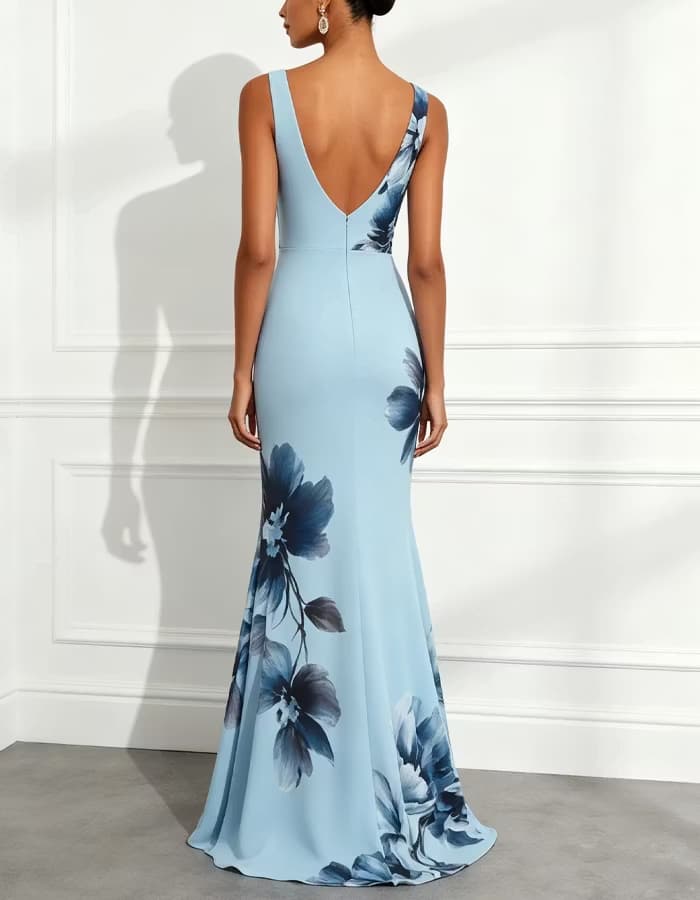 Light Blue Sleeveless Floral Print Mermaid Maxi Evening Gown