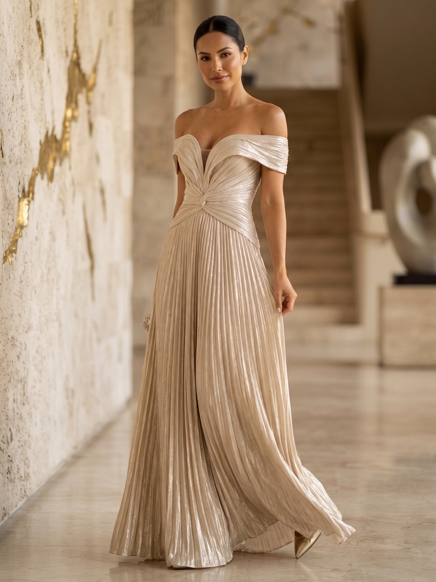 Champagne Off Shoulder Twist Front Pleated Metallic Maxi Dress