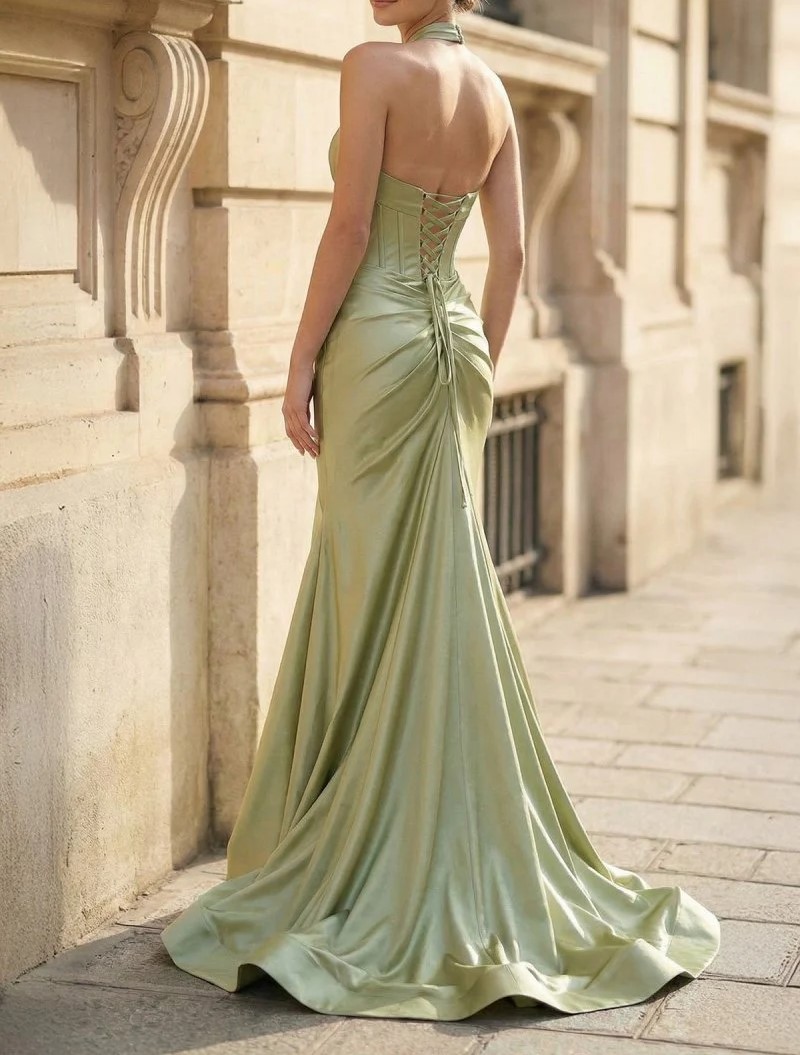 Sage Green Satin Halter Neck Keyhole Mermaid Evening Gown with Train