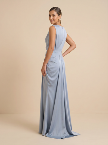 Blue Satin Long Cowl Neck and Slit Evening Gown