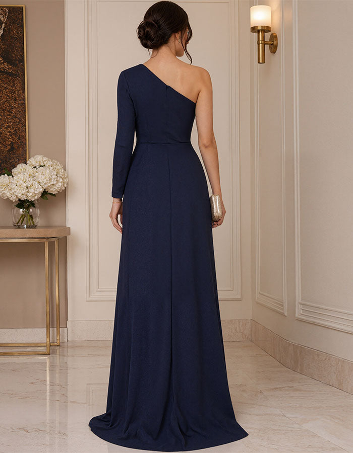 Navy Blue One Long Sleeve Twist Pleated Slit Maxi Dress