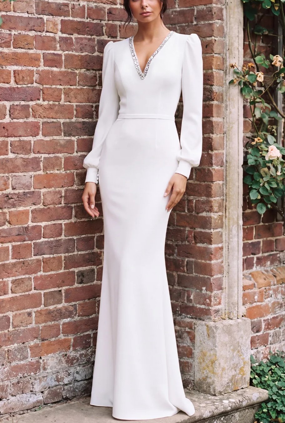 White Long Sleeve Beaded V Neck Mermaid Maxi Dress – vulldy