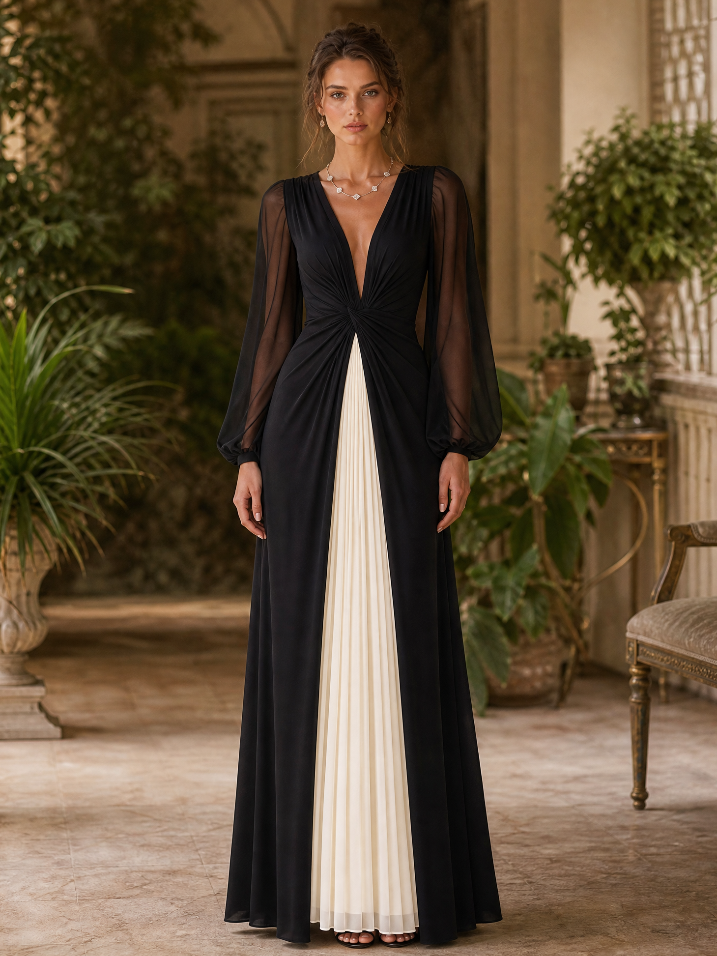 Black and Ivory V-Neck Sheer Sleeve Twist Pleated A-Line Maxi Dress
