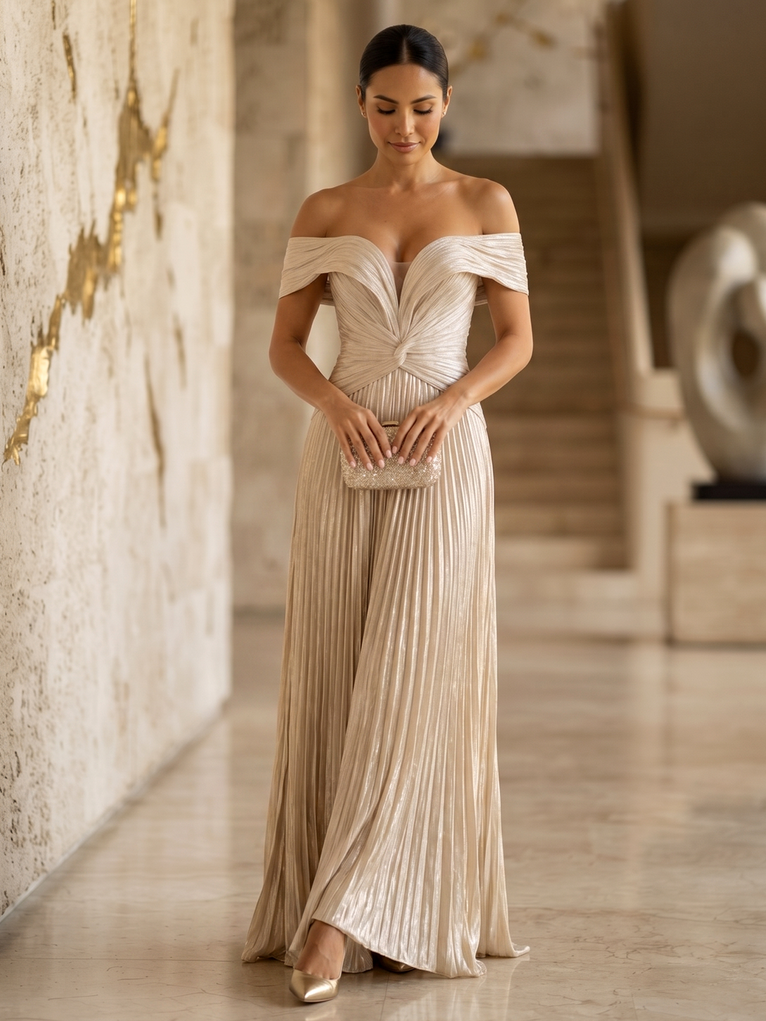 Champagne Off Shoulder Twist Front Pleated Metallic Maxi Dress