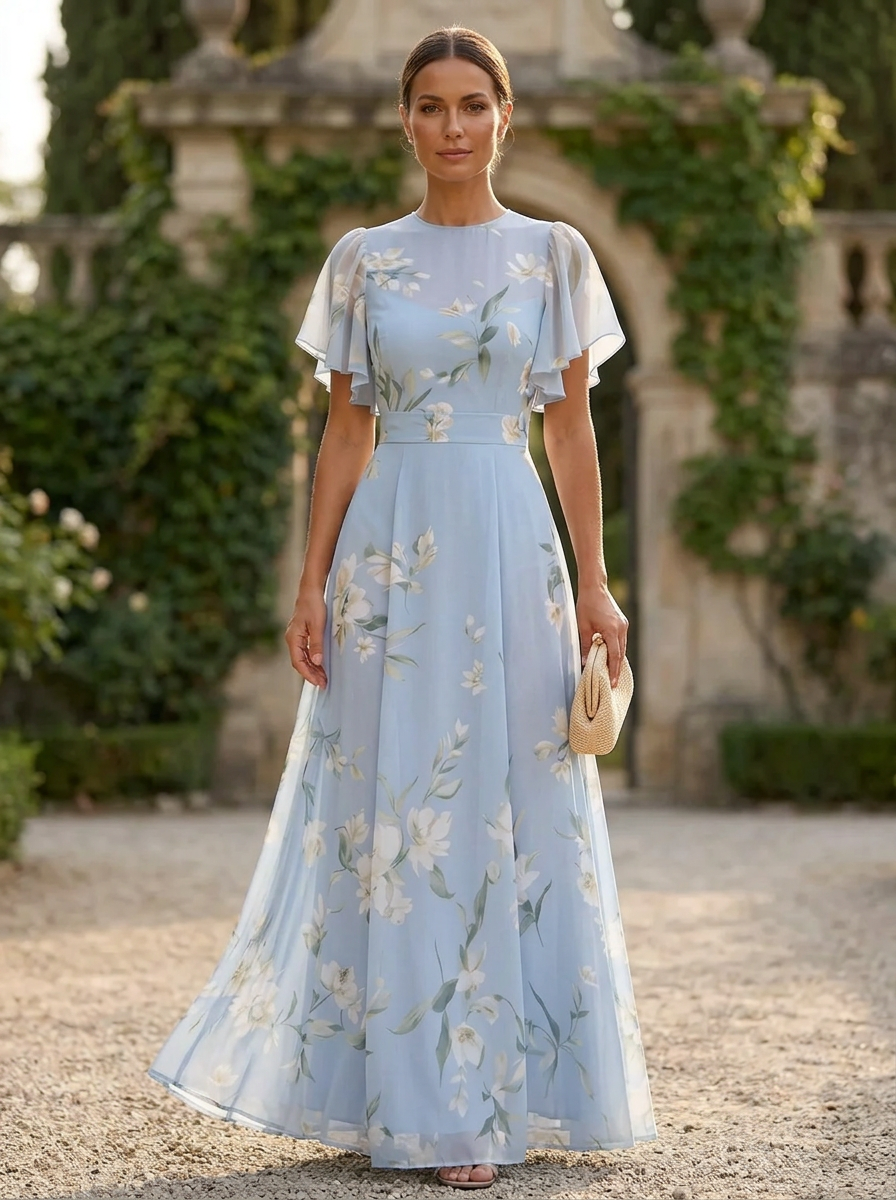 Light Blue Chiffon Round Neck Ruffle Print Maxi Dress