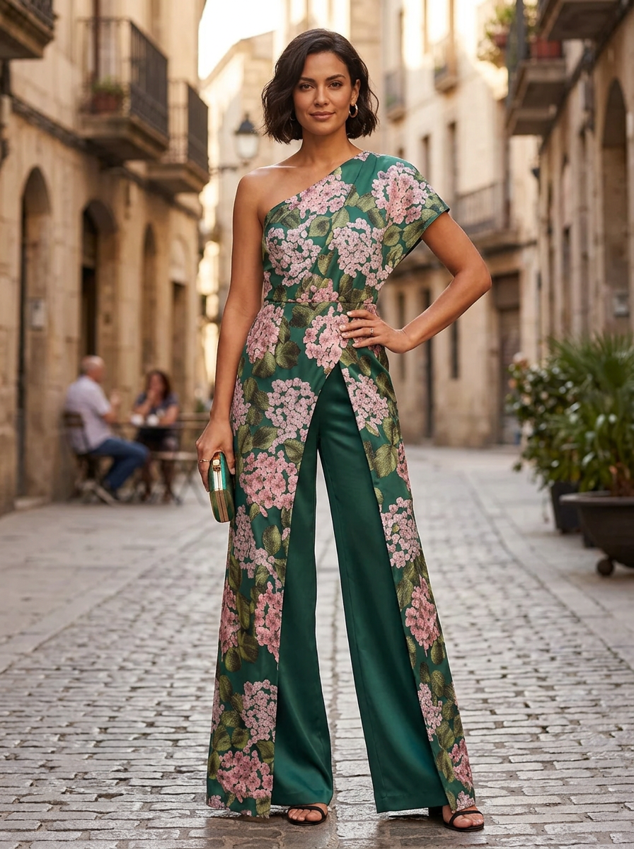 Emerald Green One Shoulder Floral Satin Jumpsuit
