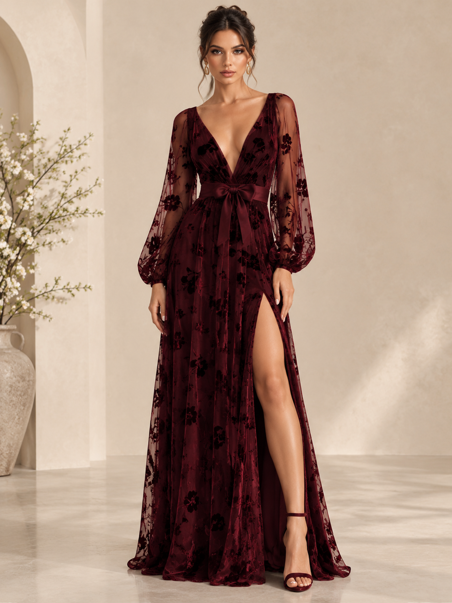 Burgundy V-Neck Blouson Sleeve Floral Burnout Slit Maxi Dress