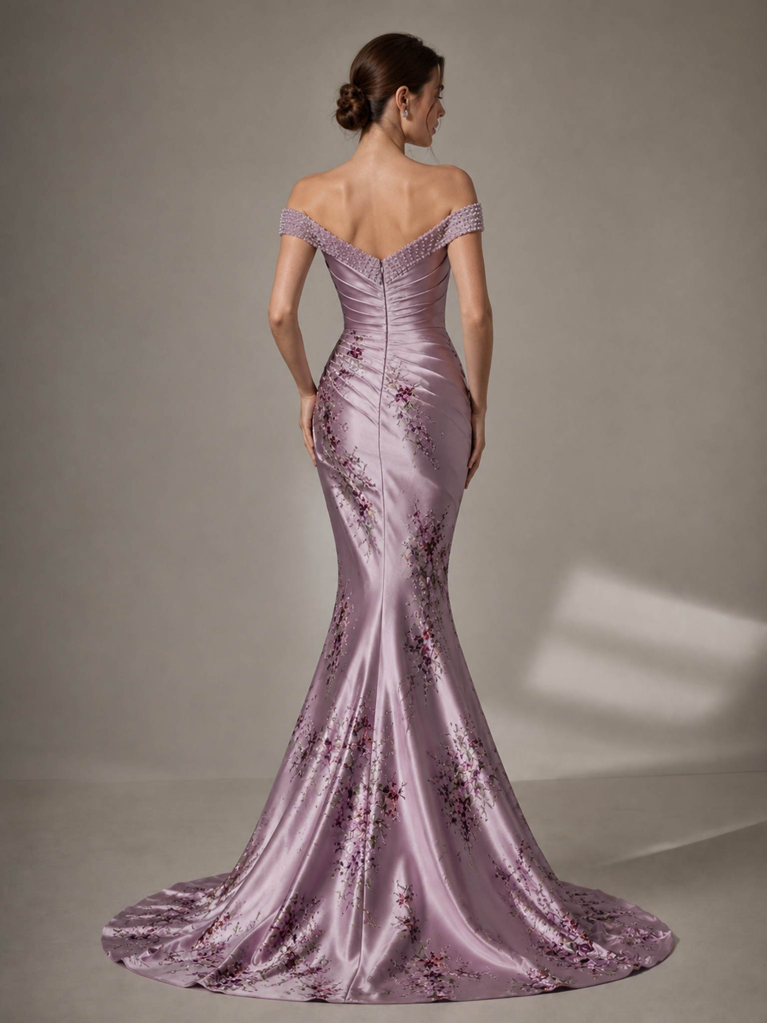 Lavender Off Shoulder Pearl Beaded Floral Mermaid Maxi Dress