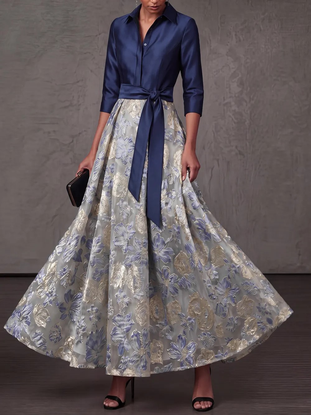 Dusty Blue A-Line Point Collar Embroidered Floral Dresses with Bow