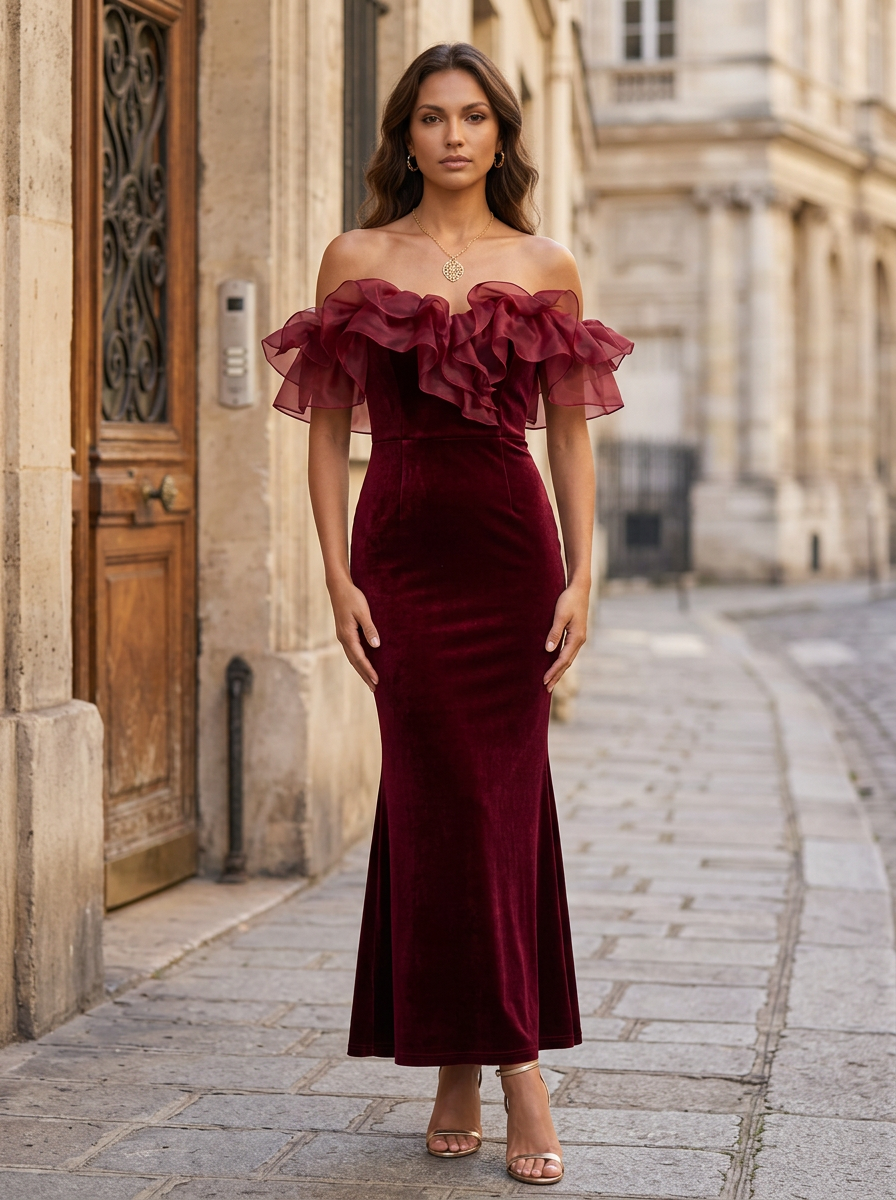 Burgundy Velvet Off Shoulder Ruffle Mermaid Maxi Dress