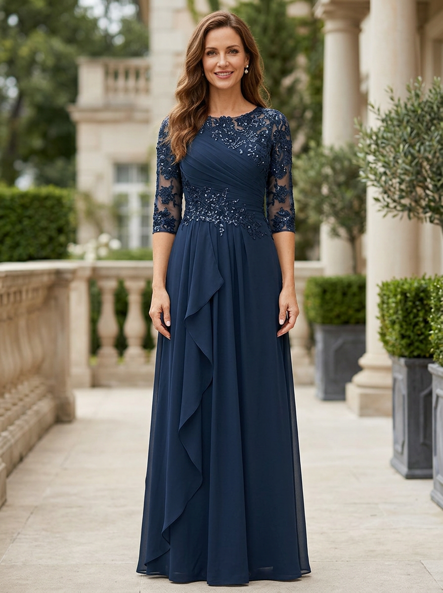 Dark Blue Round Neck Chiffon Lace Maxi Dress