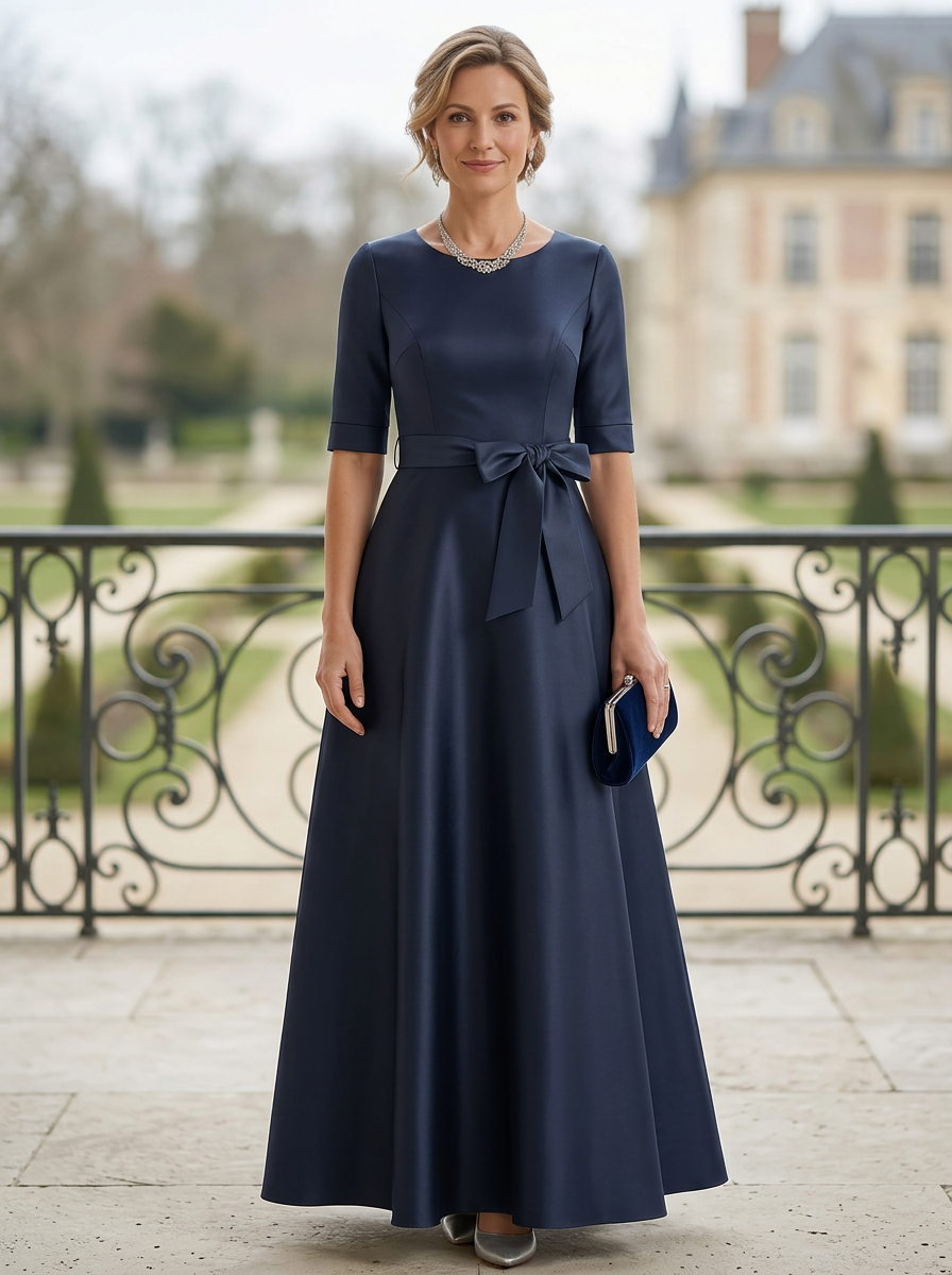 Navy Blue Satin 3/4 Sleeve A-Line Maxi Dress