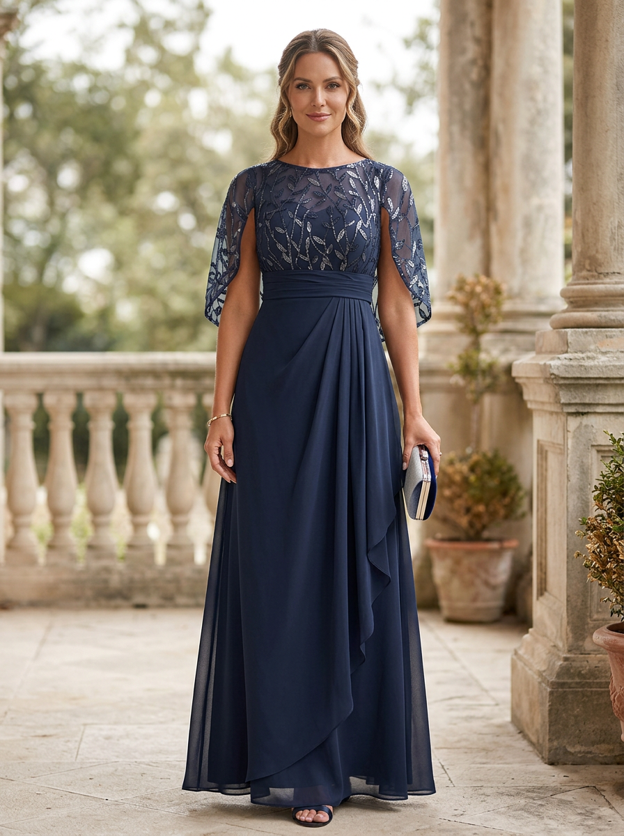 Navy Blue Chiffon Round Neck Cape Sleeve Maxi Dress