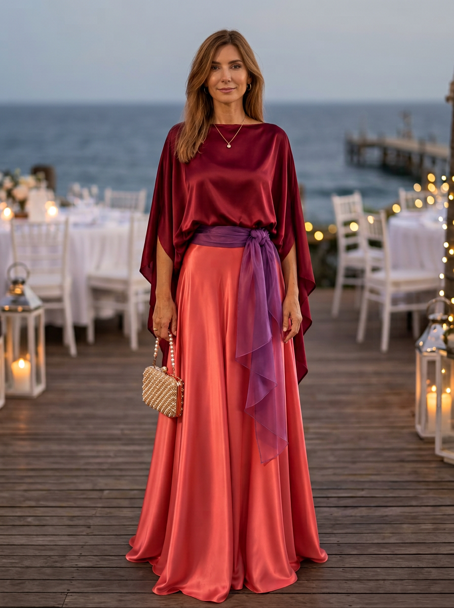 Burgundy Boat Neck Cape Sleeve Satin Top Coral Satin Floor-Length Skirt Formal Set