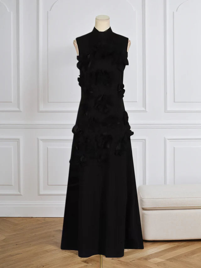 A Line High Neck Sleeveless Floor Length Stretch Crepe Dress With 3D Flowers