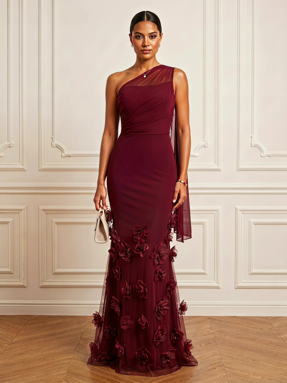 3D Floral Tulle One Shoulder Sleeveless Mermaid Maxi Dress