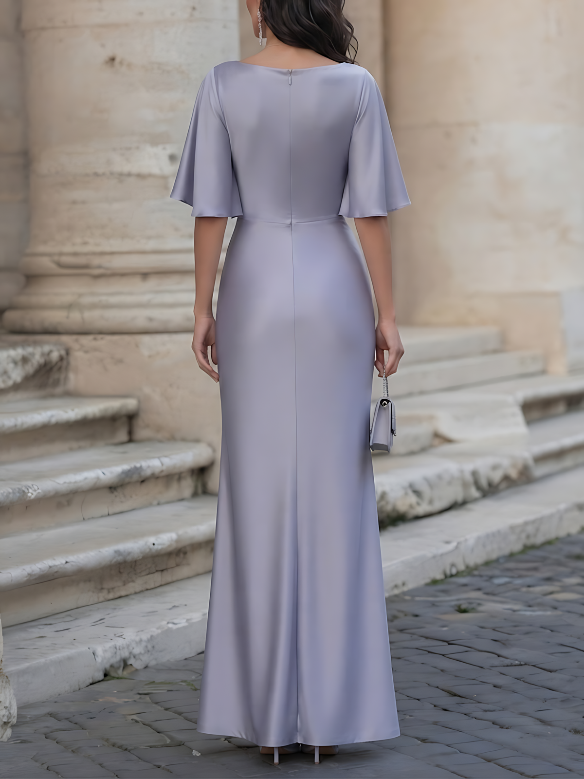 V-Neck Flutter-Sleeve Ruched Satin Maxi Dress