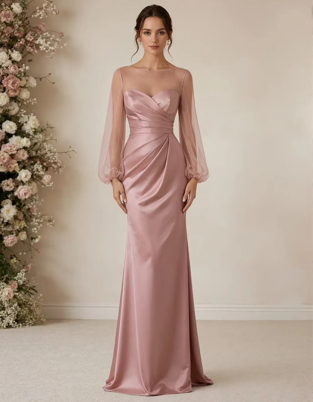 Pink Round Neck Satin Tulle Puff Sleeves Maxi Dress