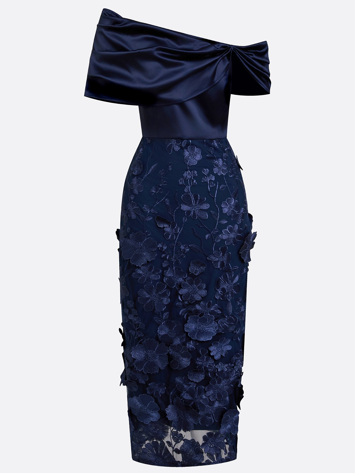 3D Floral Applique Classic Off The Shoulder Short Sleeve Sheath Midi Dress