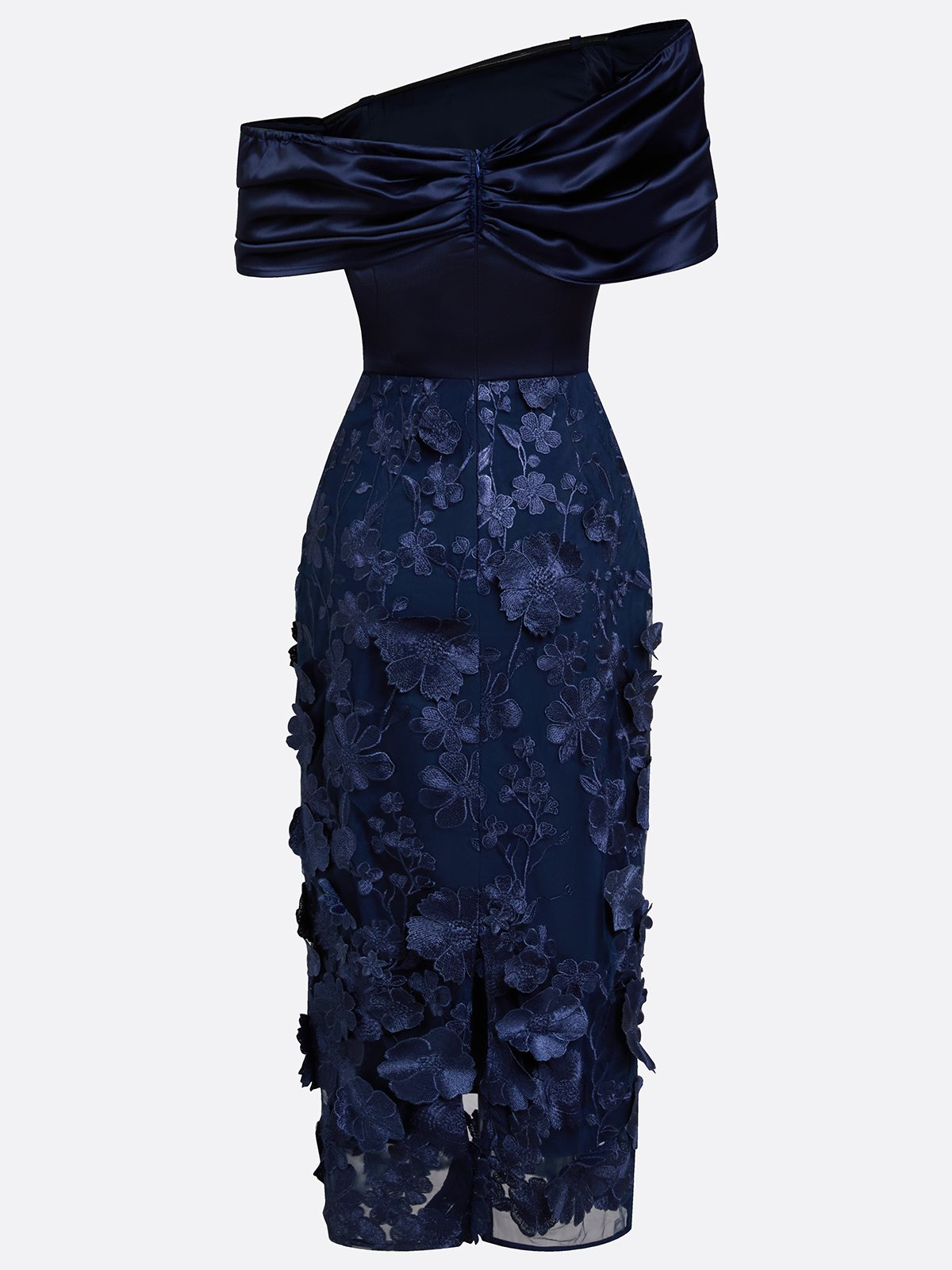 3D Floral Applique Classic Off The Shoulder Short Sleeve Sheath Midi Dress