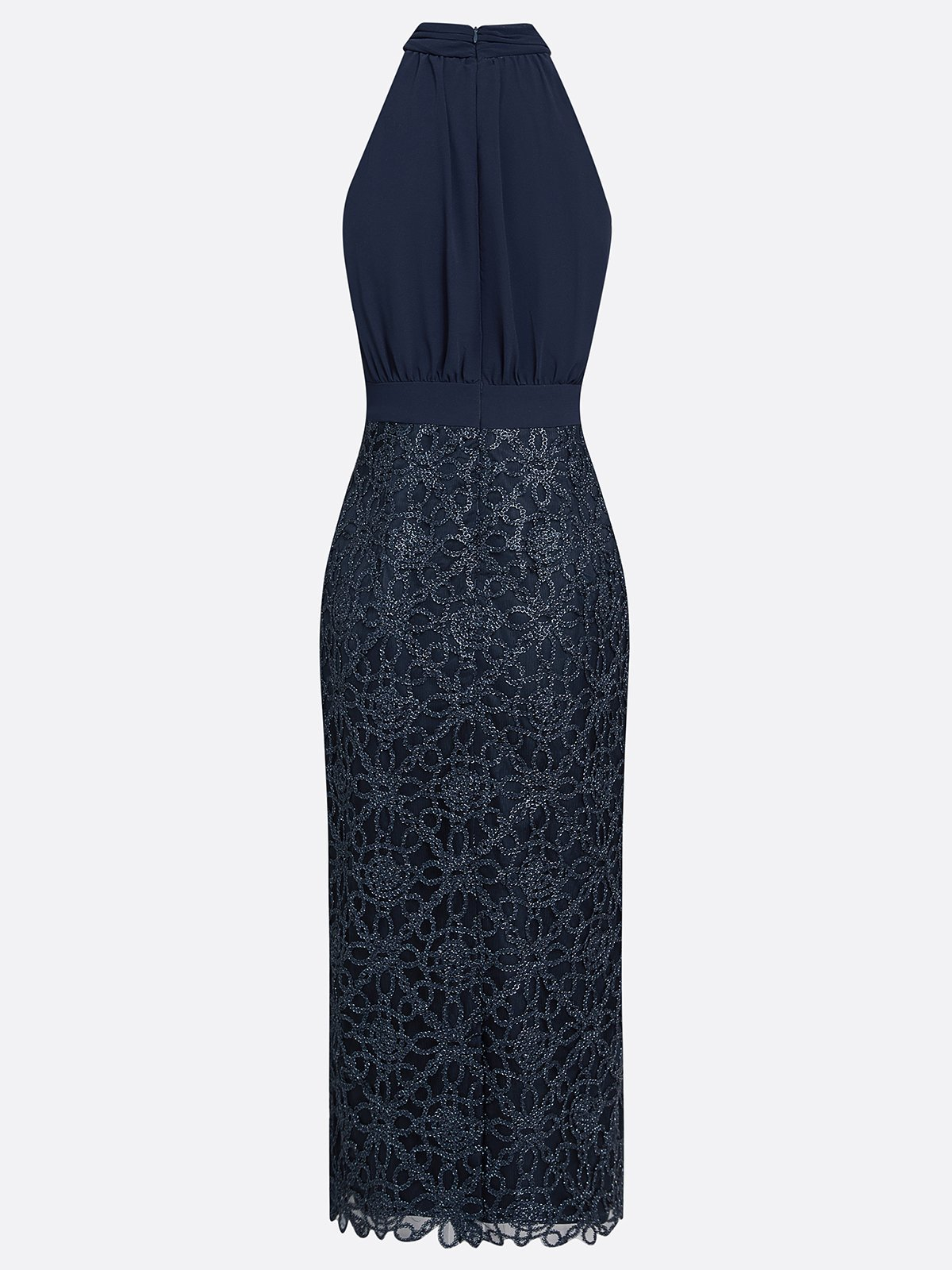 Navy Blue Halter Neck Ruched Sequin Lace Sheath Midi Dress