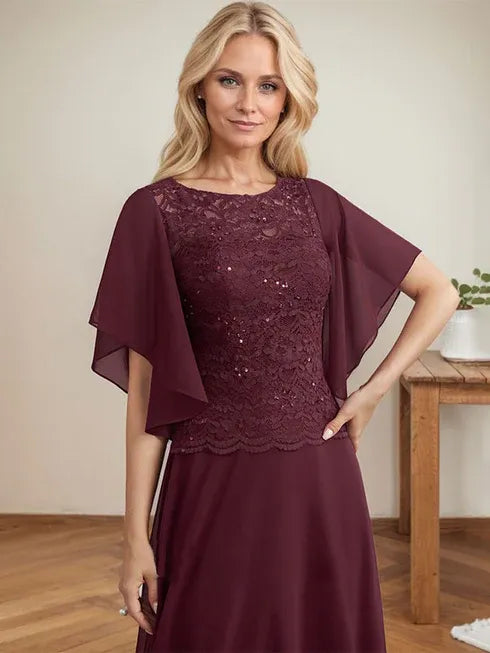 A-line Scoop Illusion Floor-Length Lace Chiffon Mother of the Bride Dress With Sequins