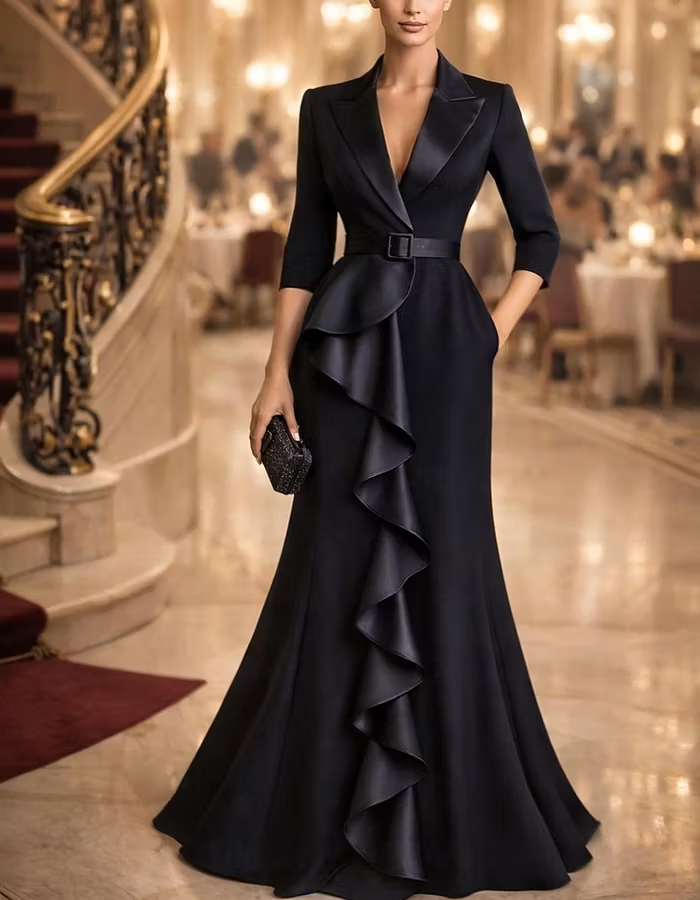 V Neck 3/4 Sleeve Belted Waist Cascading Ruffle Satin Maxi Dress